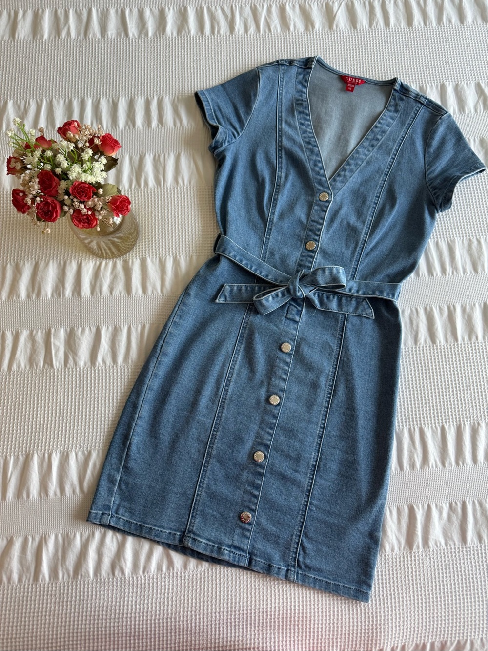 Guess Women's Blue Denim Button-Front Dress with Tie Waist